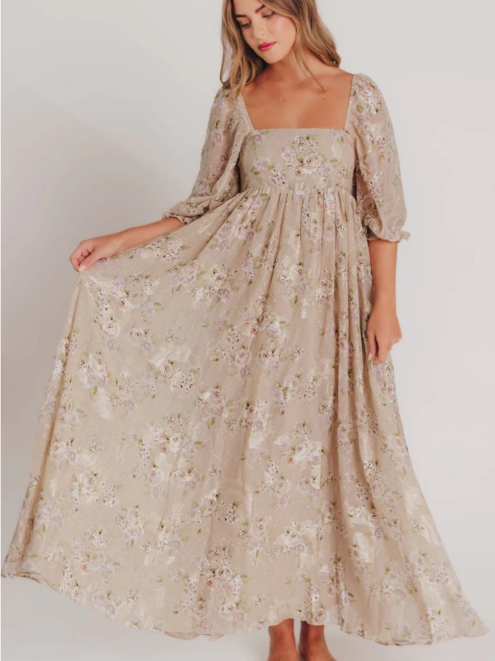 Floral Square-Neck Beige Maxi Dress with Puff Sleeves